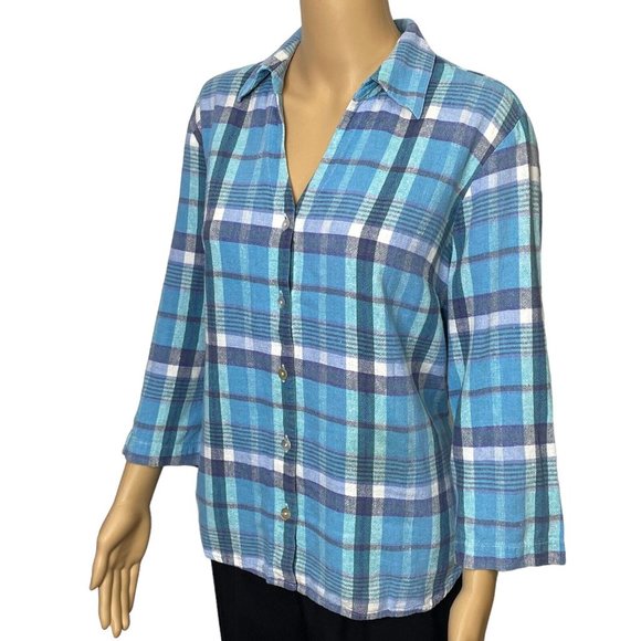 Jordan Womens XL Linen Blend Blue Plaid 3/4 Sleeve Button Up V-Neck Blouse Shirt - Picture 6 of 9